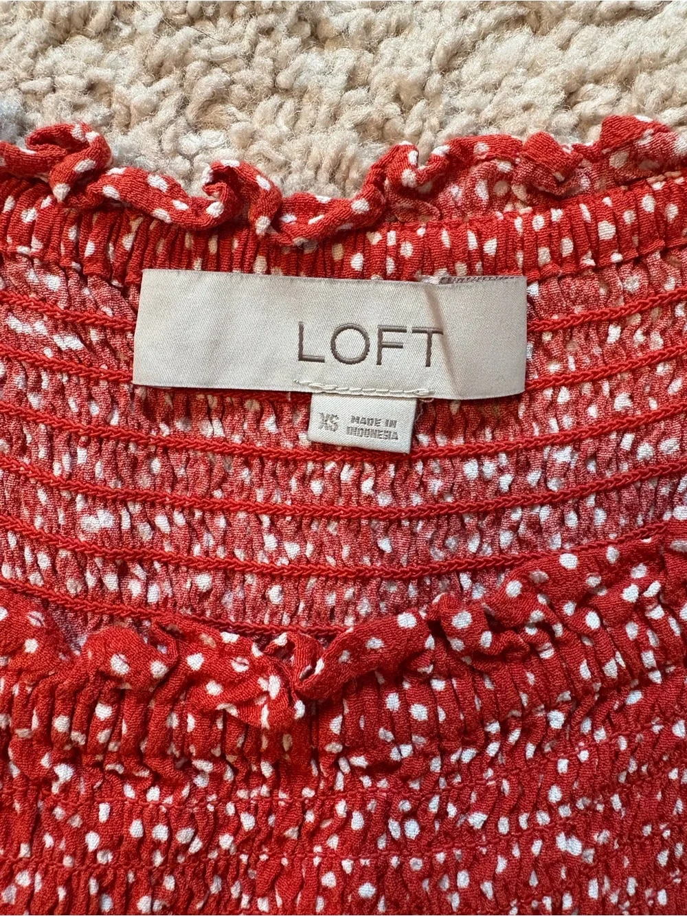 LOFT Red Smocked Square-Neck Top with Puff Sleeves